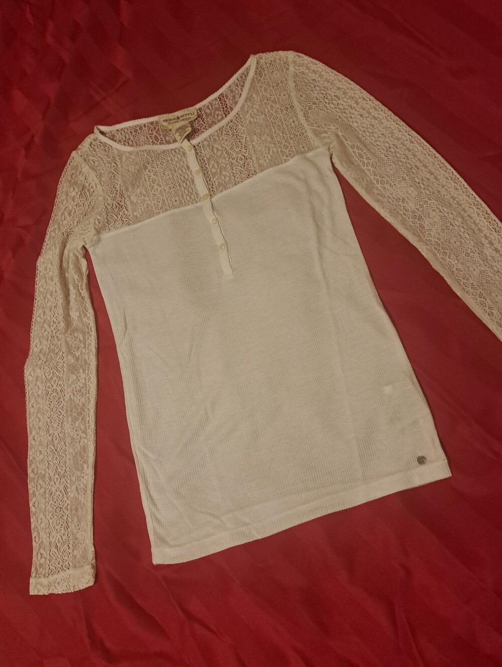 RALPH LAUREN Denim & Supply Ralph Lauren White Lace-Yoke Henley Long Sleeve Top